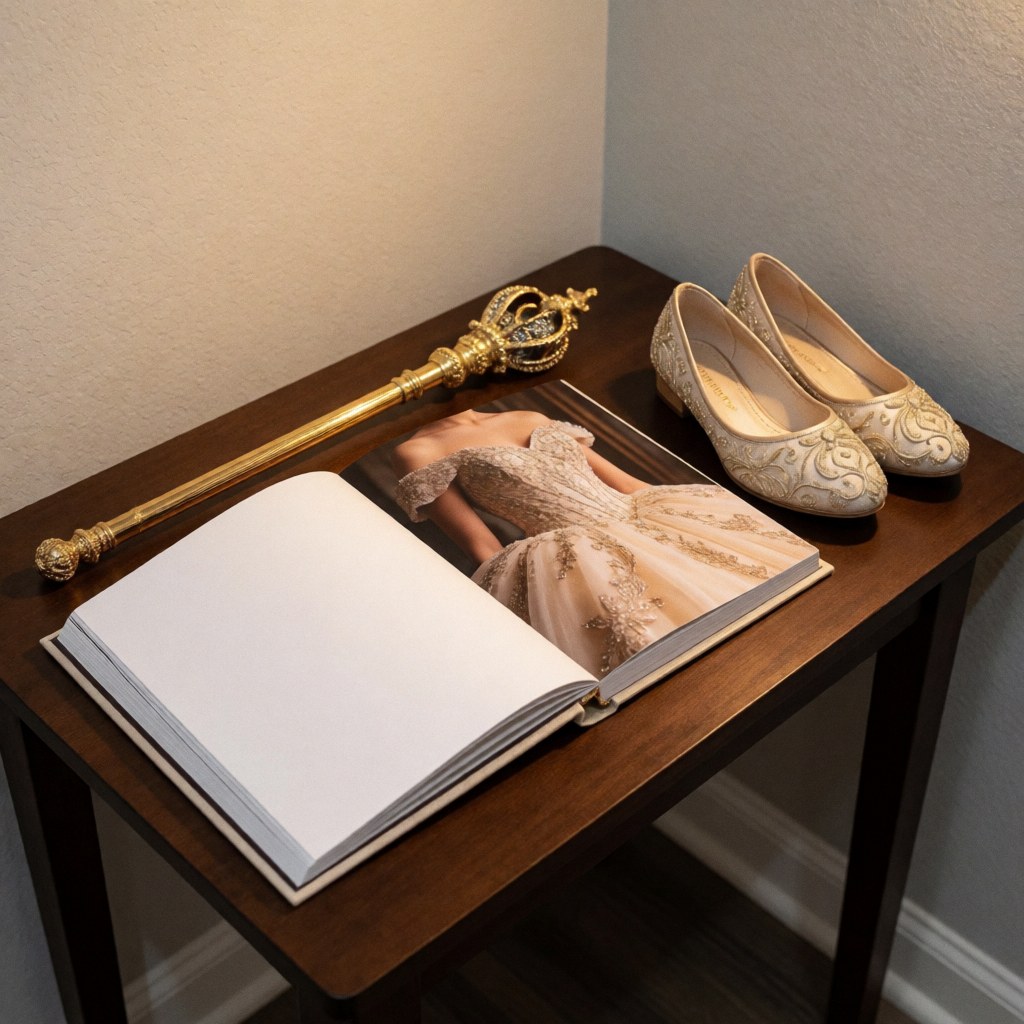 Open wedding album displaying a quinceanera dress, a golden scepter, and ornate shoes on a dark wooden table.