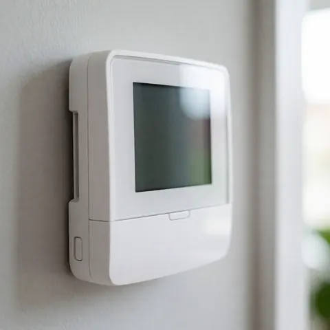 Modern white digital thermostat mounted on a gray wall with soft lighting and minimalist design for heating control