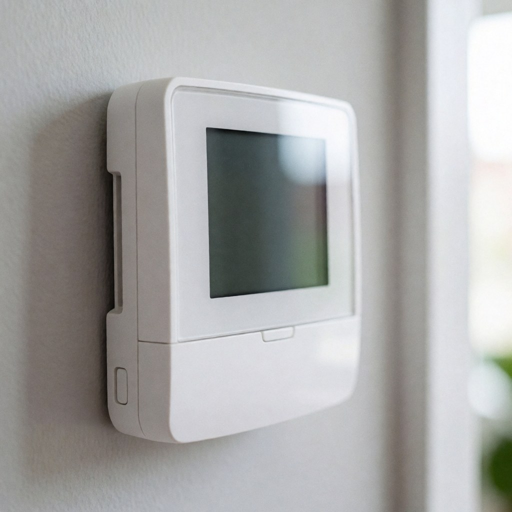 Modern white digital thermostat mounted on a gray wall with soft lighting and minimalist design for heating control