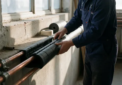 Worker in blue overalls applying black thermal insulation to copper pipes using a roll and tape against a concrete wall with natural light from a window