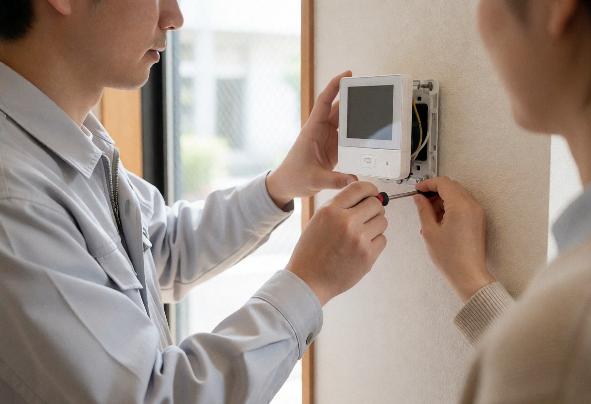 Close-up of a technician's hands using a screwdriver to mount a white thermostat on a beige wall with natural lighting.