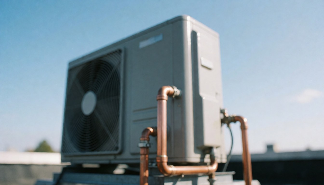 Heat pump installed on a rooftop with visible copper piping against a blurred blue sky background suitable for heating service text overlays