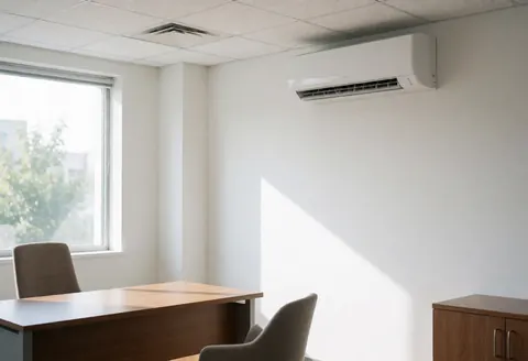 White wall-mounted split air conditioning unit installed in an empty office with a desk and chairs illuminated by natural daylight