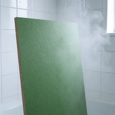 Green water-resistant drywall panel installed in a steamy bathroom with white tiled walls and visible steam.