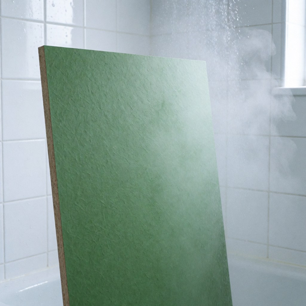 Green water-resistant drywall panel installed in a steamy bathroom with white tiled walls and visible steam.
