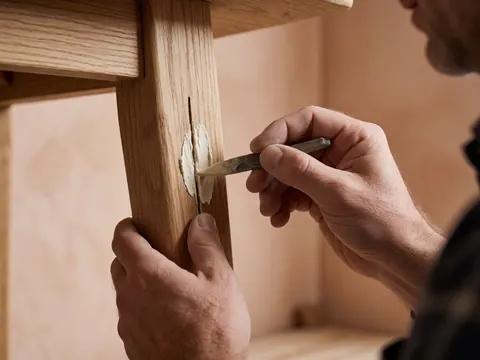 Close-up of a hand applying wood filler to a crack in a wooden surface during furniture repair.