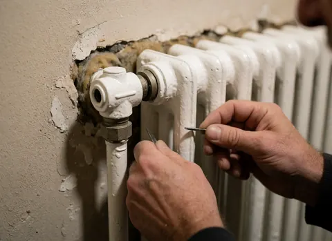 Close-up of hands working on a white radiator connection against a cracked drywall, with visible tool and insulation.