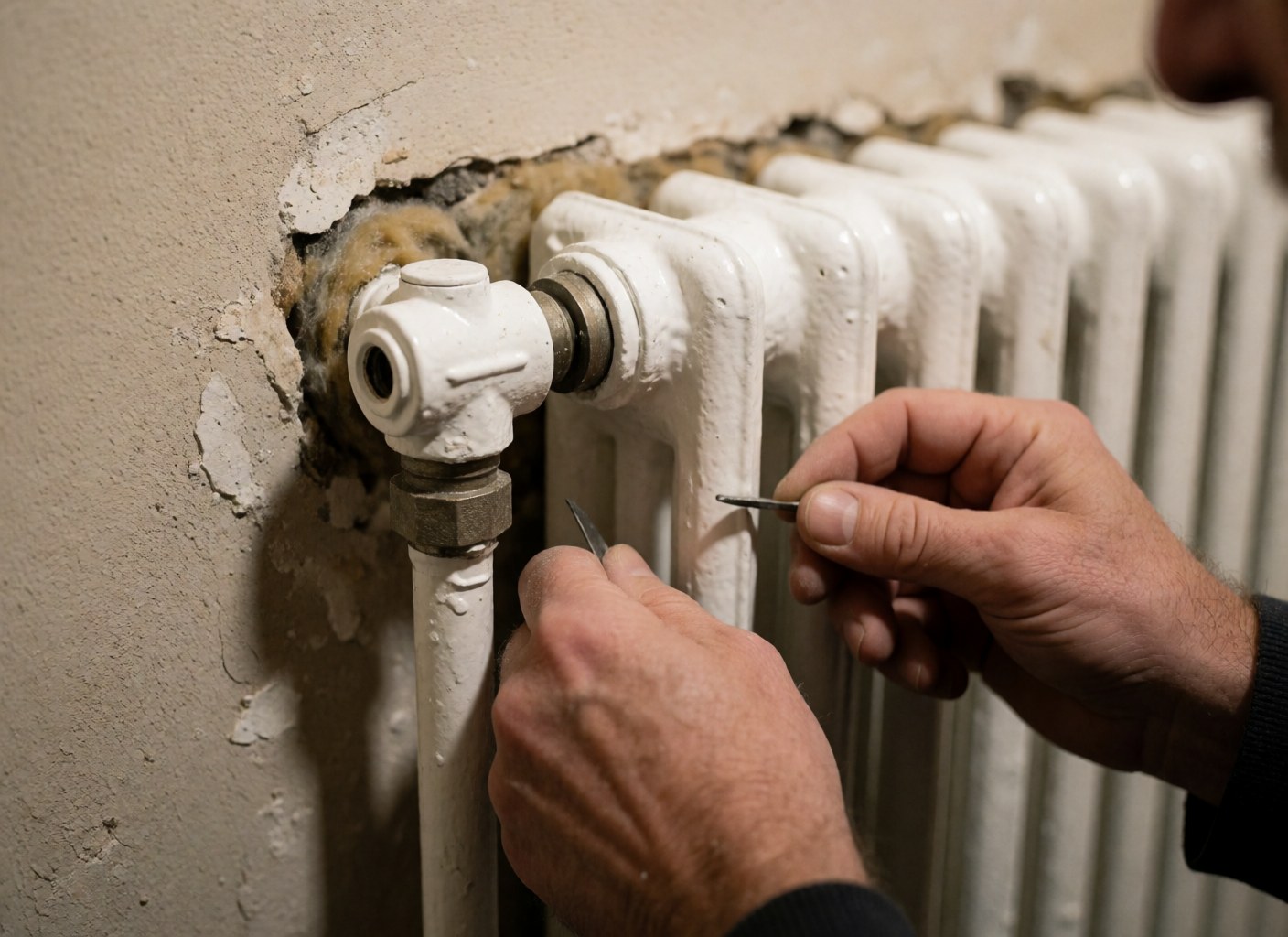 Close-up of hands working on a white radiator connection against a cracked drywall, with visible tool and insulation.