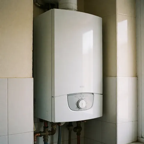 Compact white gas boiler mounted on a tiled kitchen wall with visible copper pipes under natural light