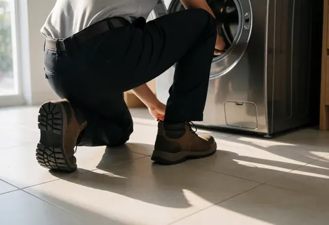 Technician adjusting rear feet of a front-load washing machine in a home with natural light and tiled floor, viewed from behind.