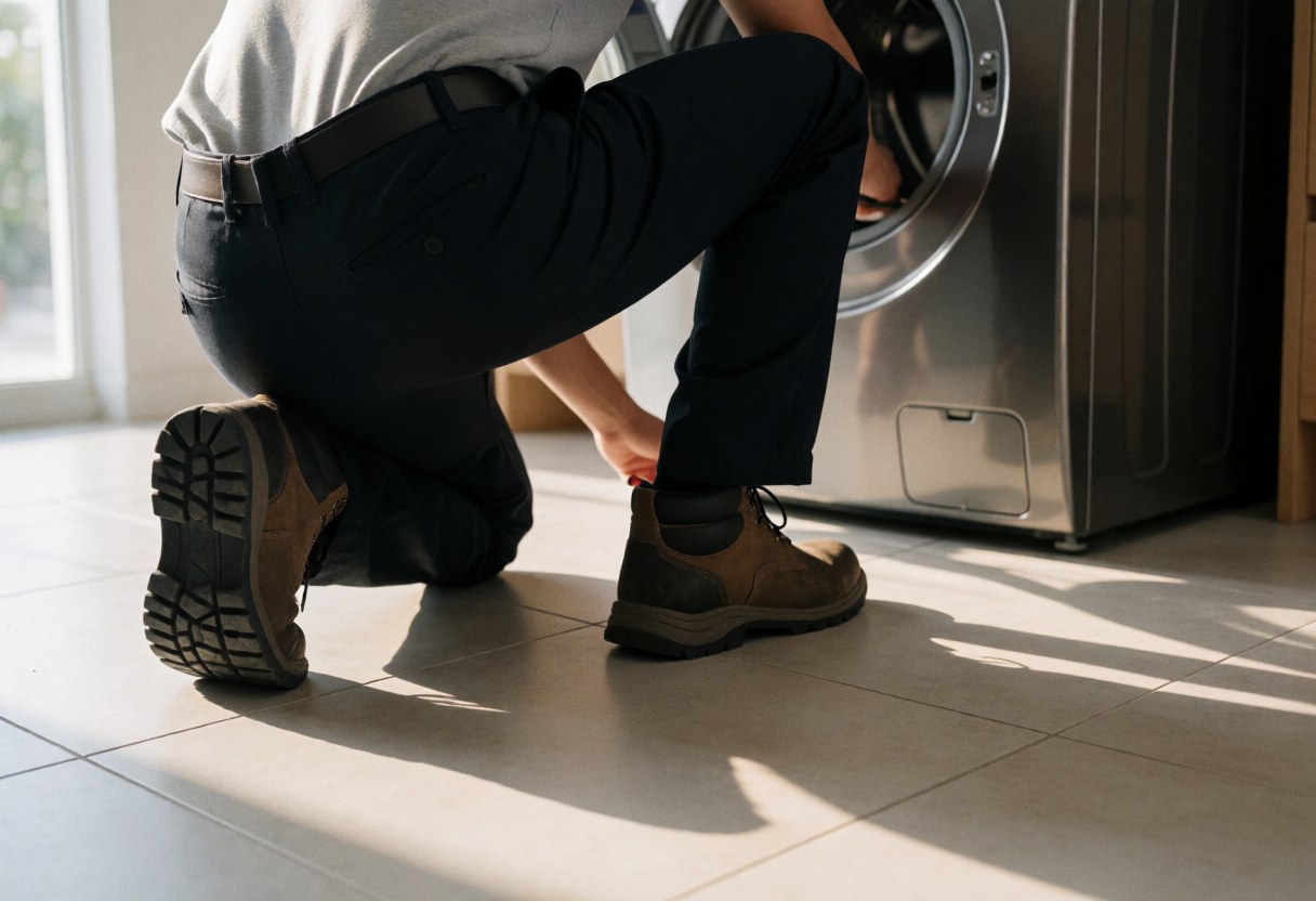 Technician adjusting rear feet of a front-load washing machine in a home with natural light and tiled floor, viewed from behind.
