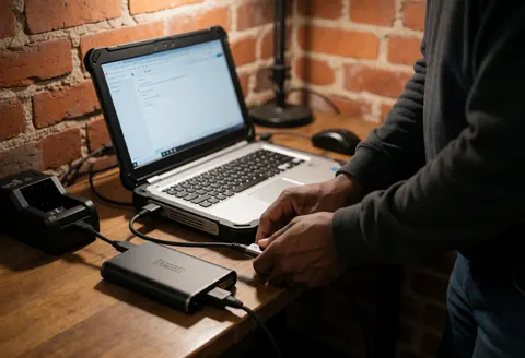 Videographer connects an external hard drive to a laptop on a wooden desk with a brick wall background and visible work tools.