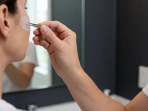 Close-up of a hand using tweezers to apply a hydrocolloid patch to a cheek with mild inflammation, set against a gray bathroom background.