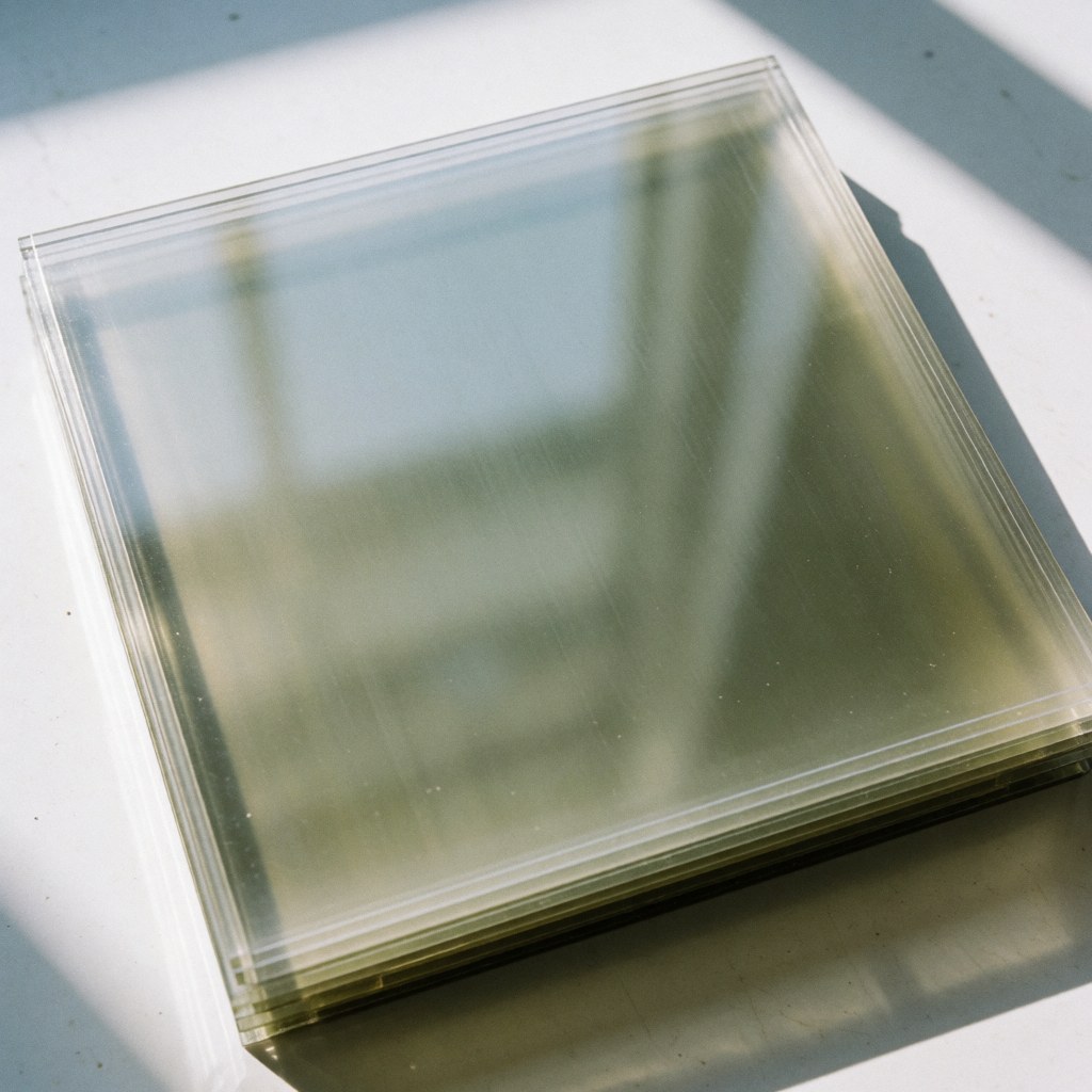 Stacked translucent polycarbonate roof panels on a white surface with natural light passing through and casting soft shadows