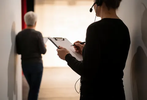 Back view of a theater professional holding a headset and portfolio, focusing on hands and tools with a lit stage in the background