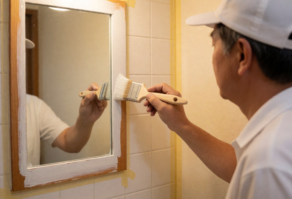A painter uses a brush to apply white paint to a bathroom mirror frame, with protective tape covering nearby tiles.