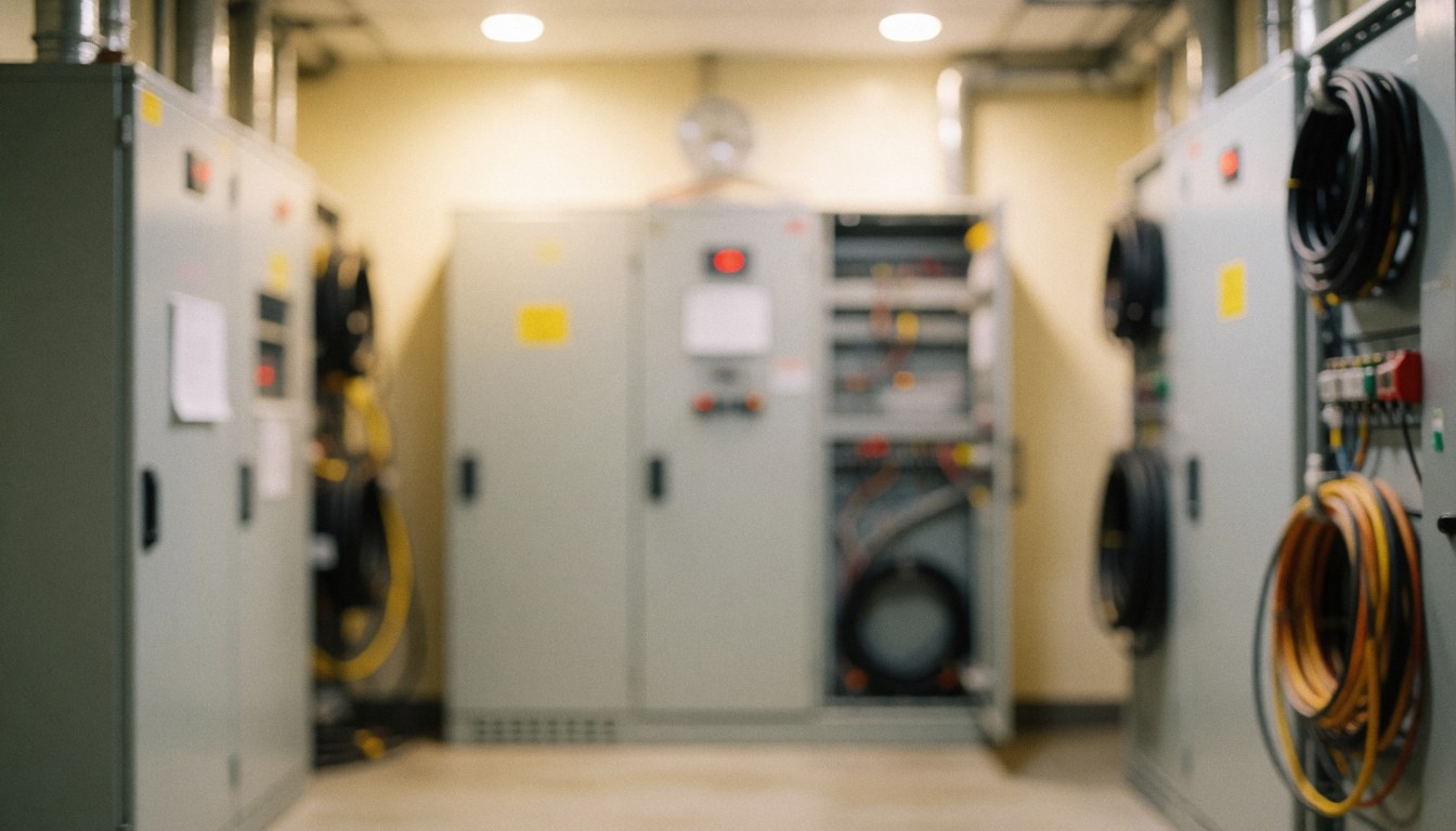 Blurred background of an elevator machine room featuring gray electrical boxes, coiled cables, and warm lighting suitable for service text overlays