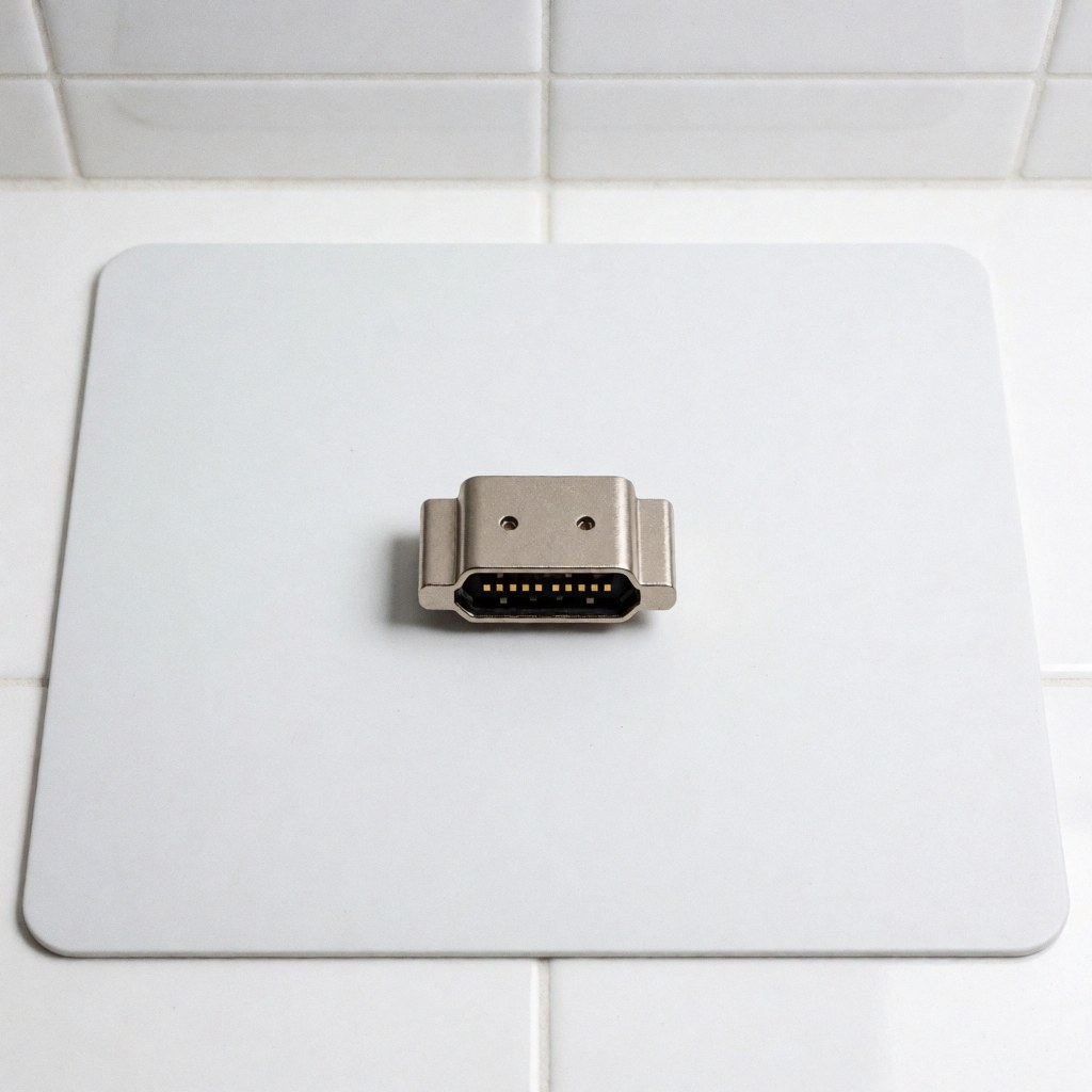 High-quality HDMI connector with gold contacts on a white anti-static mat, ideal for TV repair and electronic equipment maintenance.