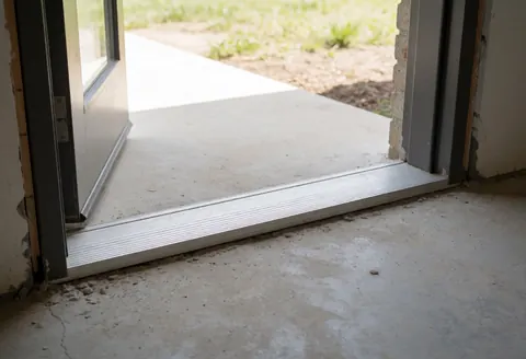 Close-up of a new metal threshold installed on a concrete floor with natural light, showcasing professional door installation services for storefronts.