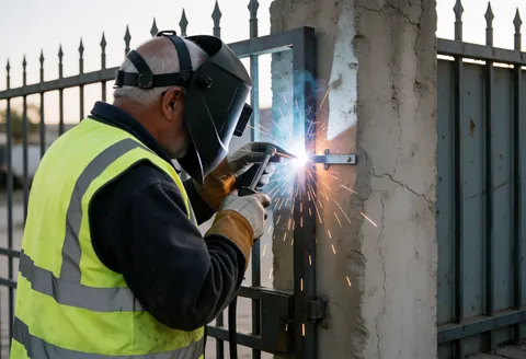A welder wearing a helmet and yellow vest welds a metal gate to a concrete column with sparks flying against a sunset sky.