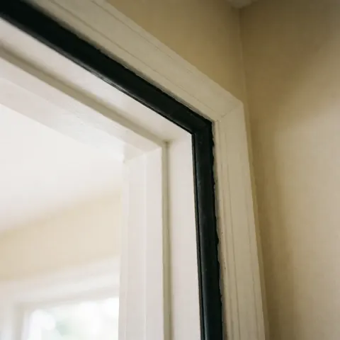Close-up of black sealant applied to the joint of a white door frame against beige walls with soft lighting