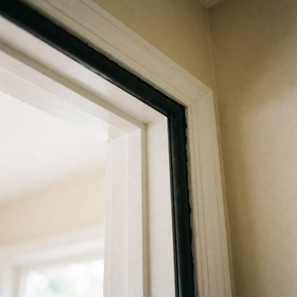 Close-up of black sealant applied to the joint of a white door frame against beige walls with soft lighting