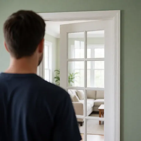 Newly installed white french door with visible frame leading to a living room with a sofa and green walls