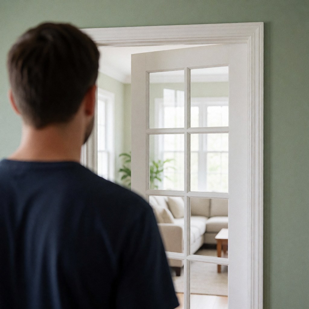 Newly installed white french door with visible frame leading to a living room with a sofa and green walls