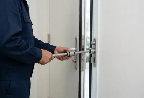 Technician in blue uniform adjusting a door lock using a torque wrench. Visible metal door hinges and intumescent seals against white walls under fluorescent light.