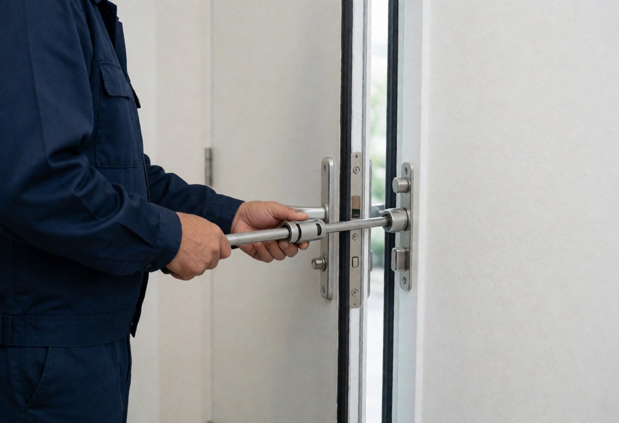 Technician in blue uniform adjusting a door lock using a torque wrench. Visible metal door hinges and intumescent seals against white walls under fluorescent light.