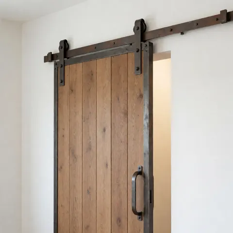 Slightly open wooden barn door with metal frame and rails revealing an interior room with white walls and warm light