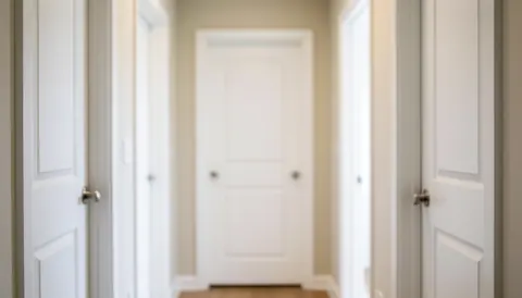 Interior hallway featuring multiple white doors with a blurred background, ideal for advertising text overlays.