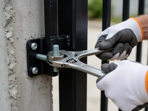 Close-up of a gloved hand using an adjustable wrench to tighten a screw into concrete, highlighting the secure installation of a black metal door.