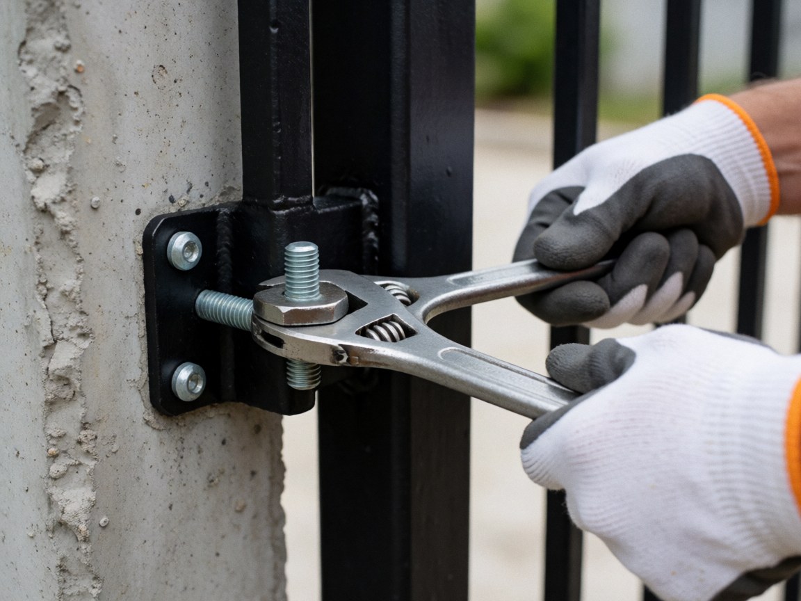 Close-up of a gloved hand using an adjustable wrench to tighten a screw into concrete, highlighting the secure installation of a black metal door.