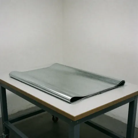 Shiny folded galvanized steel sheet resting on a work surface with a neutral gray background, suitable for metal fabrication projects