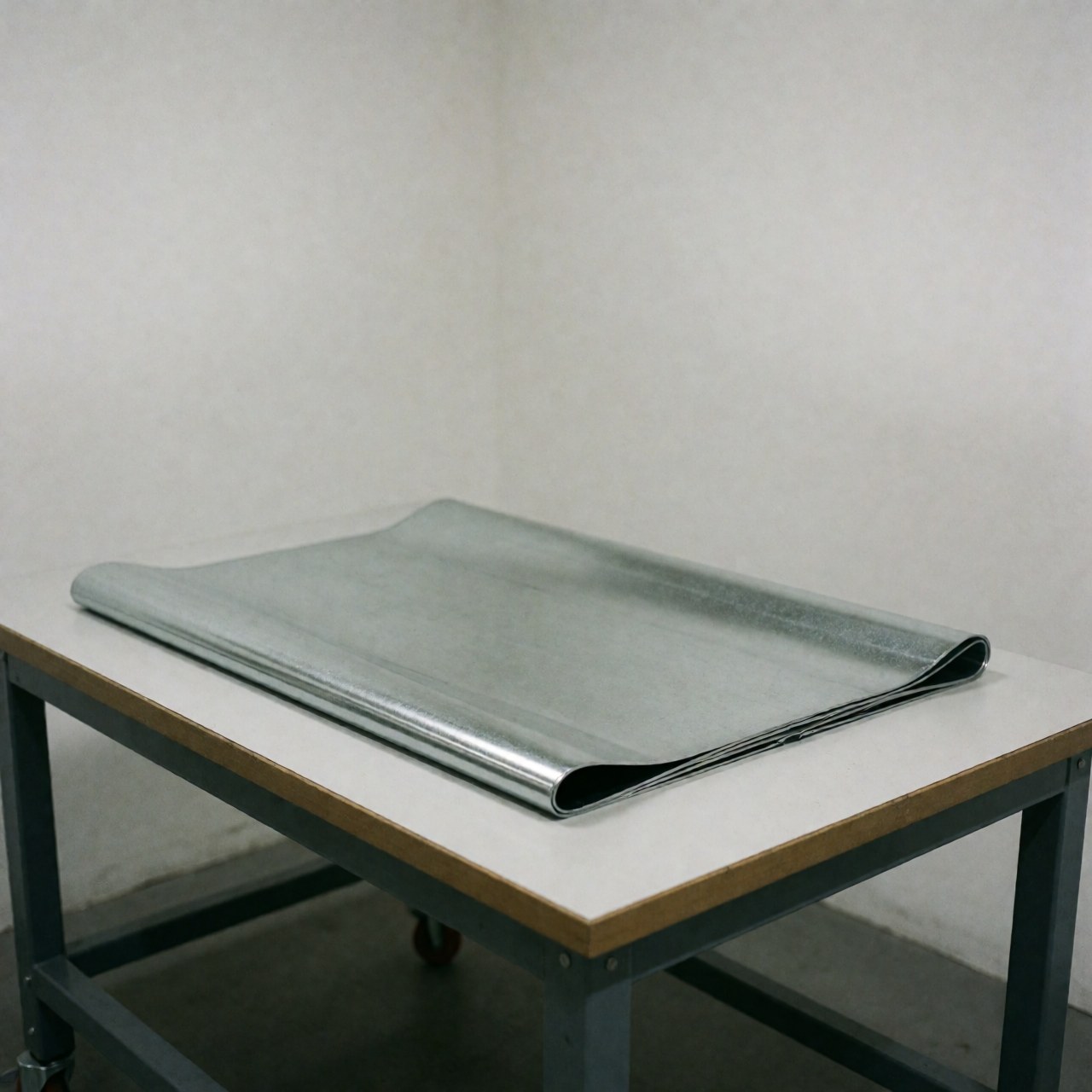 Shiny folded galvanized steel sheet resting on a work surface with a neutral gray background, suitable for metal fabrication projects