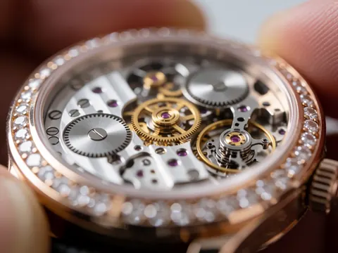 Macro shot of a luxury watch showing the mechanical movement, shiny metal details, and a diamond-adorned bezel emphasizing precision craftsmanship.
