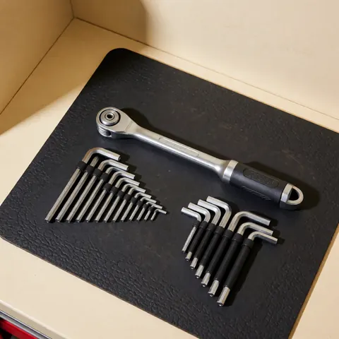 Torque screwdriver and hex keys organized on a textured black carpet in a professional workshop setting with soft lighting and beige walls