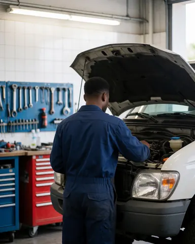 Mechanic in blue uniform inspecting white pickup truck engine in workshop with tools on wall and natural light