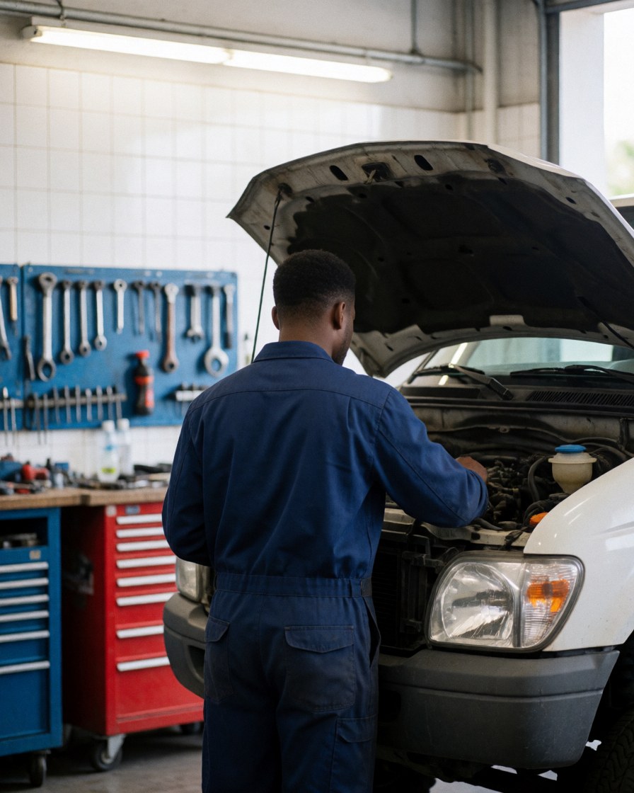 Mechanic in blue uniform inspecting white pickup truck engine in workshop with tools on wall and natural light