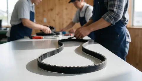 Three mechanics working on a timing belt on a workbench with tools and a wooden wall background