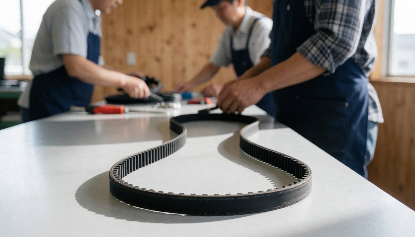Three mechanics working on a timing belt on a workbench with tools and a wooden wall background