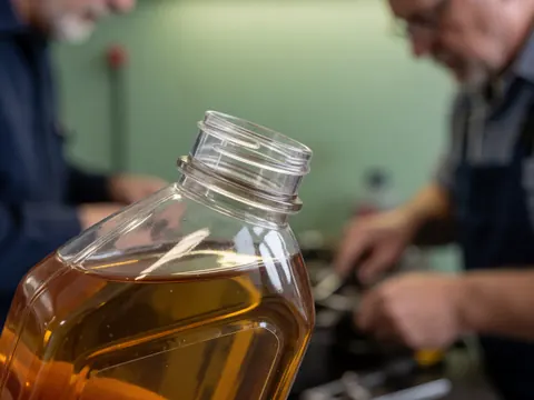 Close-up view of an amber synthetic motor oil bottle with blurred hands working and green walls in the background of a mechanic shop