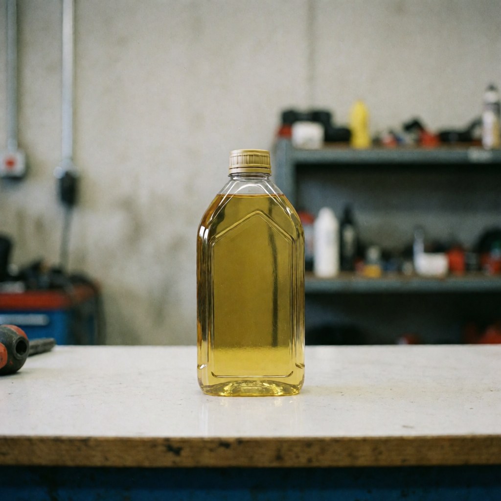 Clear plastic oil bottle with gold cap resting on a workbench with blurred workshop shelves and concrete walls in the background