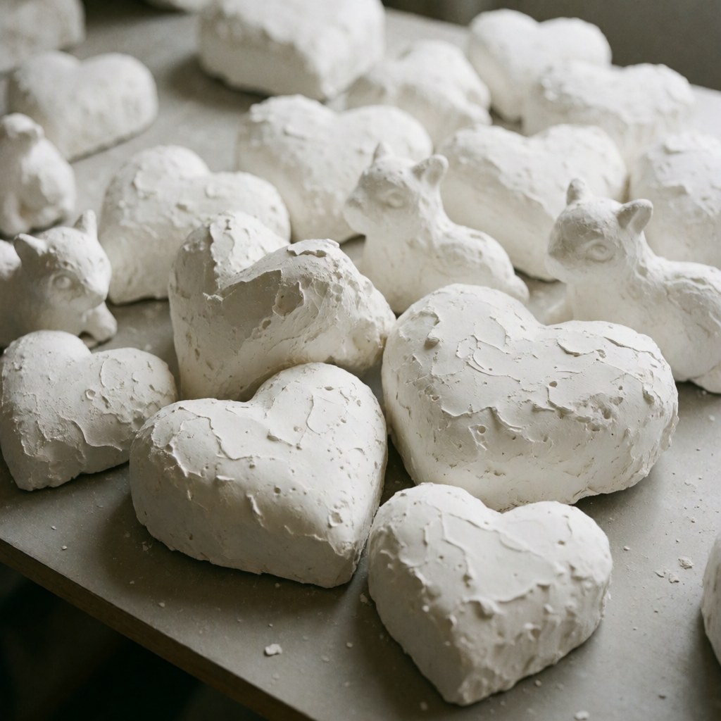 White plaster molds shaped like hearts and small animals arranged on a gray work table for event decoration