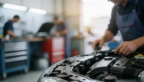 Close-up of a mechanic using tools to adjust a car engine with a blurred workshop background