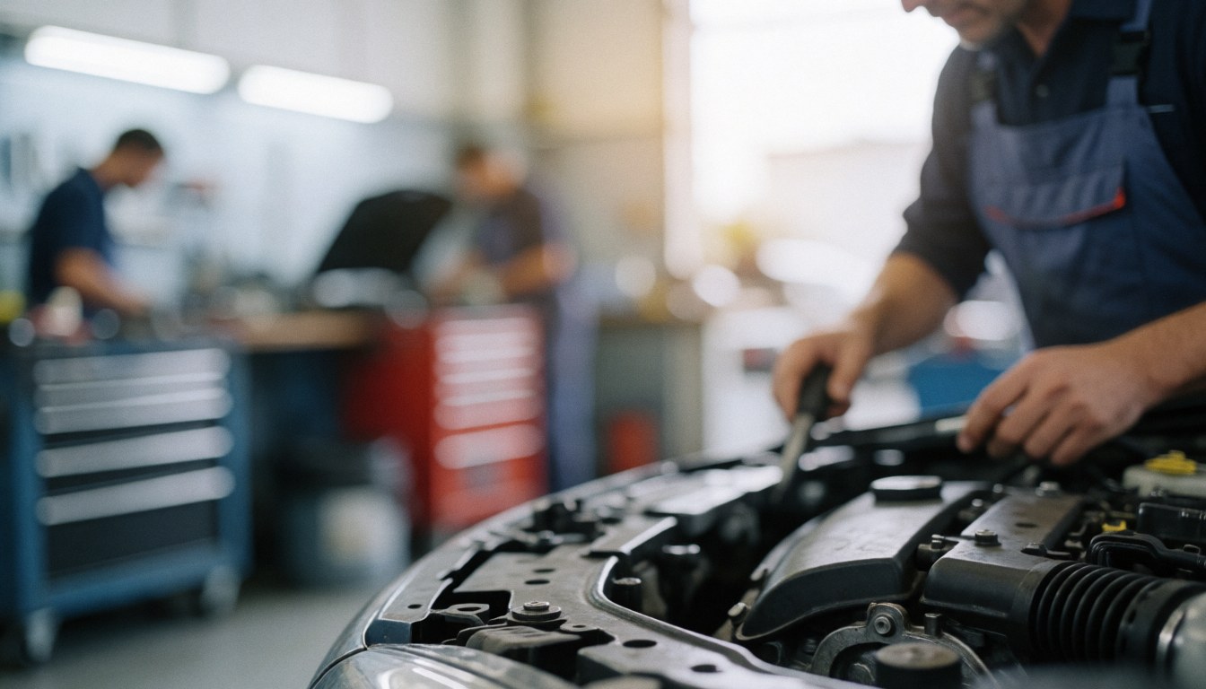 Close-up of a mechanic using tools to adjust a car engine with a blurred workshop background