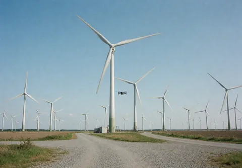 Drone flying near a large wind turbine in a renewable energy field under a clear blue sky, ideal for industrial aerial photography services.