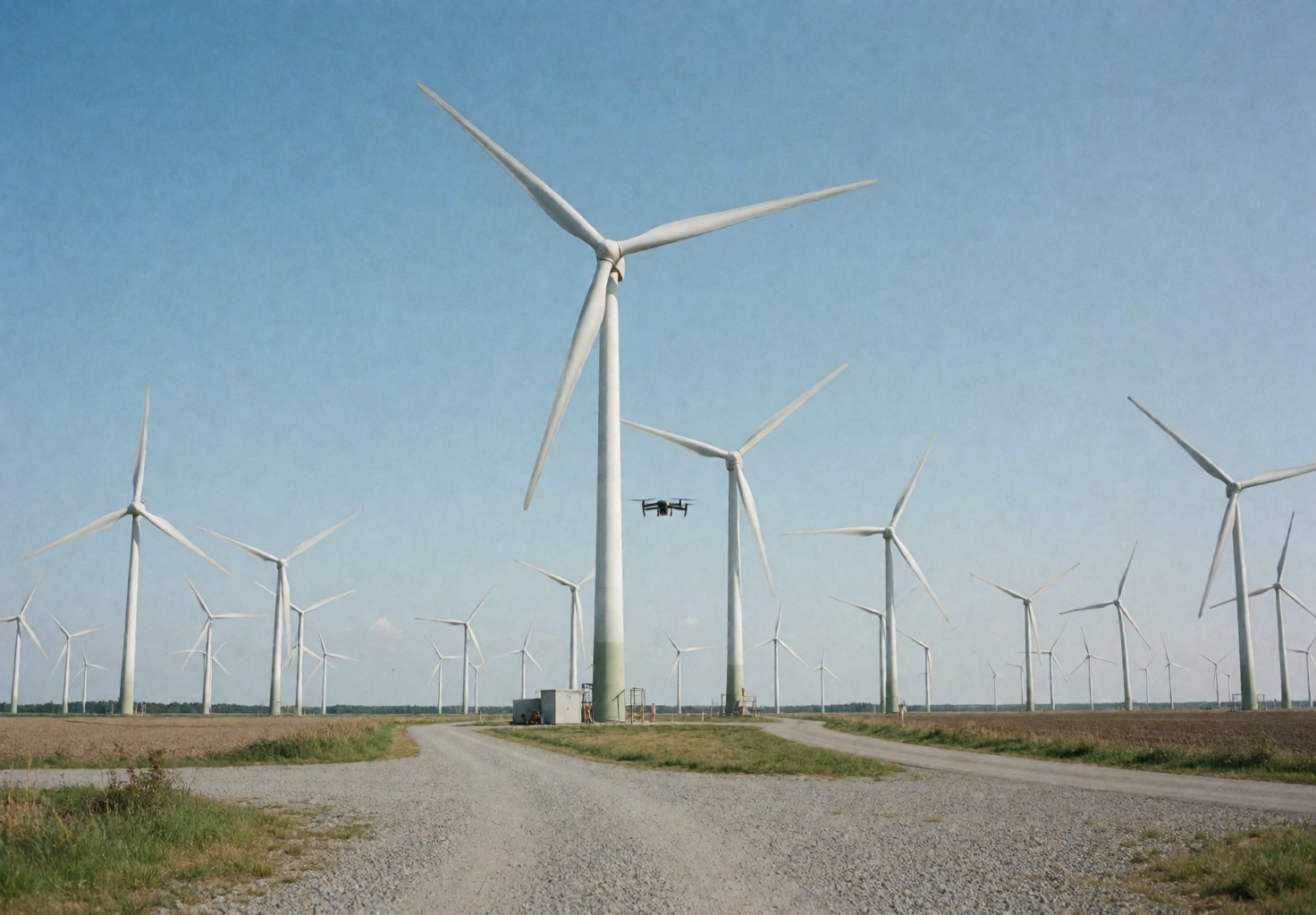 Drone flying near a large wind turbine in a renewable energy field under a clear blue sky, ideal for industrial aerial photography services.