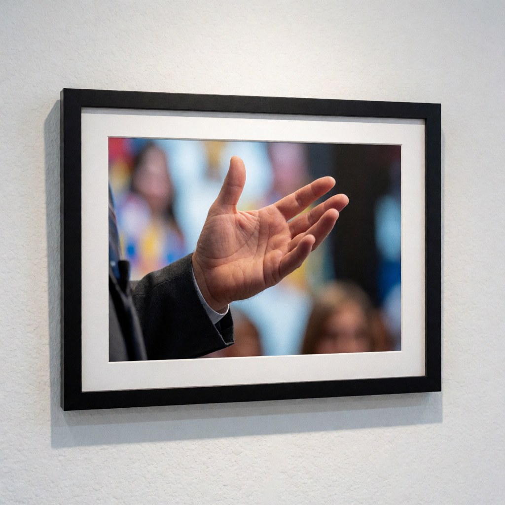 A framed photograph of a hand making a gesture, displayed on a white textured wall with a blurred background of people.